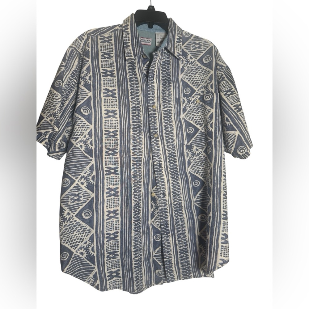 Vintage Matrix Ramie Cotton‎ Short Sleeve Button Down Shirt Abstract Pattern L